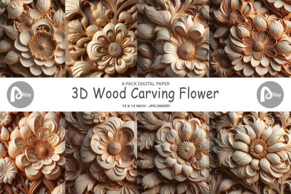 3D Wood Carving Flower Digital Paper Set